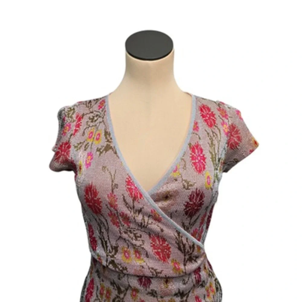 Cecilia Prado Dress Womens XS Pink Floral‎ Knit Wrap Surplice Cap Sleeve Maxi